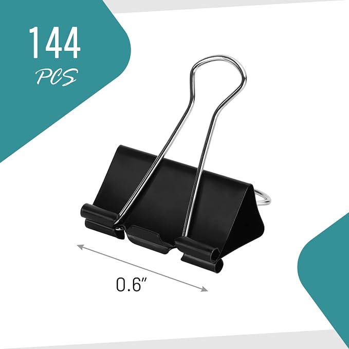 Binder Clips - 144 Mini Binder Clips, 0.6 Inch Black Paper Clamps, File Clip - Image 3