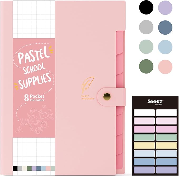 Sooez Aesthetic 8 Pocket Accordion File Organizer, Pastels Expanding File Folder by Sooez