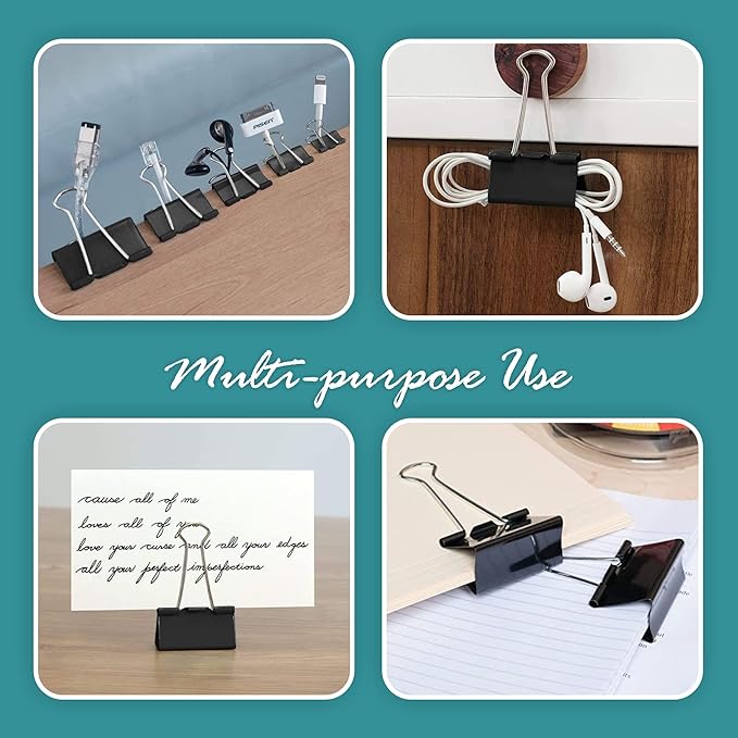Binder Clips - 24 Mini Binder Clips, 0.6 Inch Black Paper Clamps, File Clip - Image 5