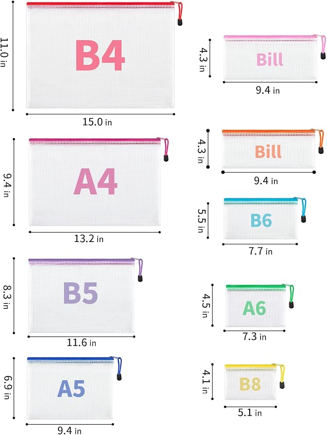 JARLINK 24 Pack 8 Sizes Mesh Pouch, 9 Colors, Waterproof Zipper File Bags - Image 2