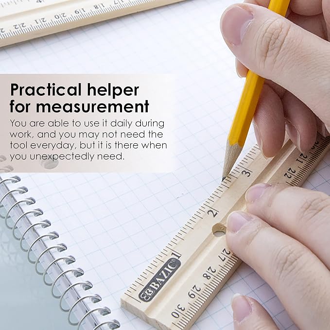 BAZIC Products 12 in Wooden Ruler, Metal Edge, Inch & Metric, 3 Pack | Three 12 - Image 3