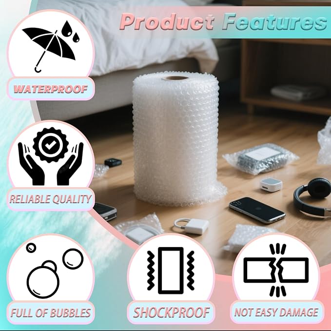 12 in x 60 ft Clear Bubble Cushioning Wrap, 4Roll Protective Bubble Packing Roll - Image 6