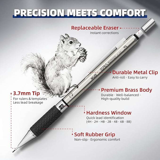 WUO 0.9mm Mechanical Pencil Set, 1 Eraser Pen, 12 Eraser Refills, Storage Case - Image 3