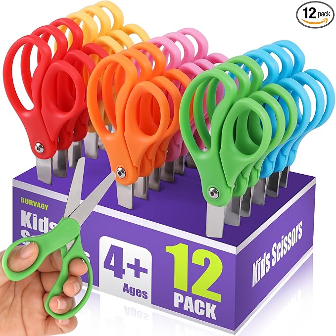 BURVAGY 12 Packs 5" Small School Student Blunt Tip Craft Kids Scissors by BURVAGY