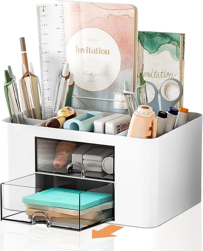 Cayxenful Pencil Pen Holder for Desk, 2 Drawer Desk Organizers, 5 Compartments by Cayxenful