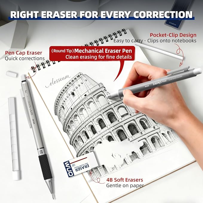 WUO 0.9mm Mechanical Pencil Set, 1 Eraser Pen, 12 Eraser Refills, Storage Case - Image 2
