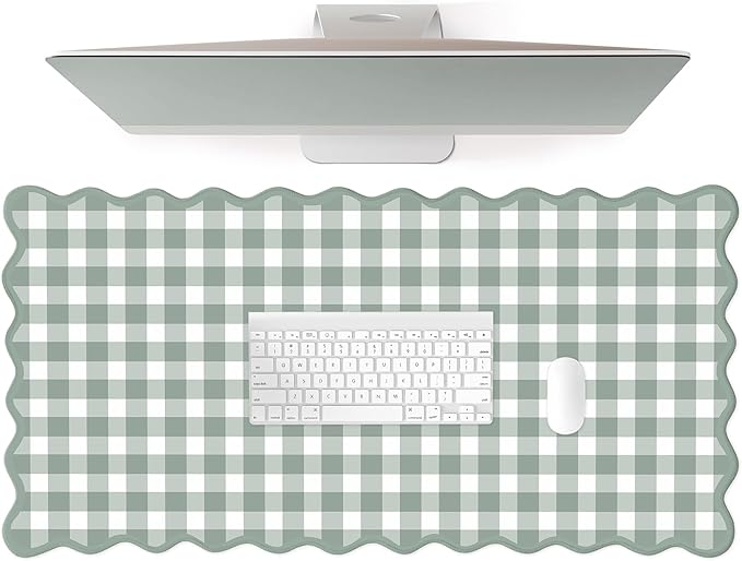 Scalloped‌ Sage Green Checkered Desk Mat Cute Pastel Large Gaming Mouse Pad by Unknown