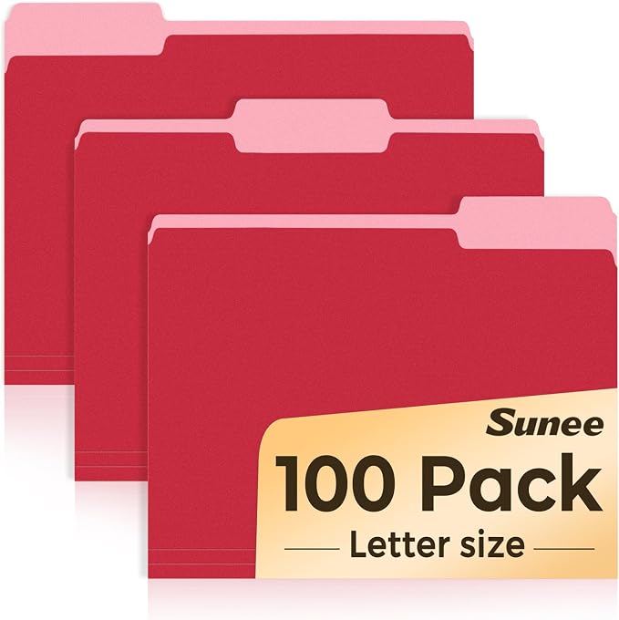 SUNEE File Folders Letter Size Red, 100 Pack Manilla Folders 8.5 x 11 1/3-Cut by SUNEE
