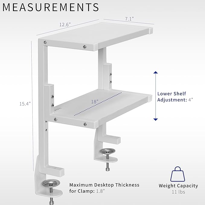 VIVO White Clamp-on 13 inch 2-Tier Desk Shelf, STAND-SHELF2CW | Above or Below - Image 3