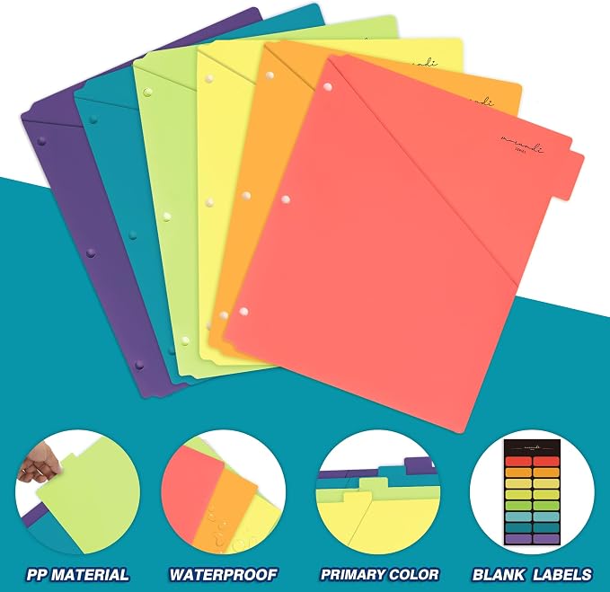 H4D 6-Tab Plastic Binder Dividers, 2 Pockets, Primary Colors, 6 Sets | Made of - Image 5