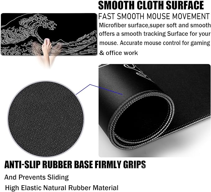 Japanese Sea Wave Mouse Pad for Gaming, Large Mouse Pad Extended Non-Slip - Image 3