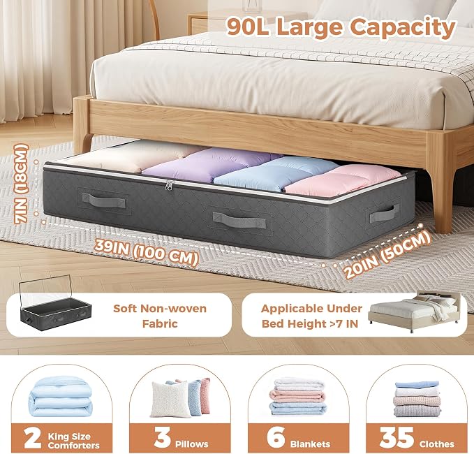 90L Under Bed Storage Containers, 6 Pack Underbed Closet Storage Organizer - Image 3