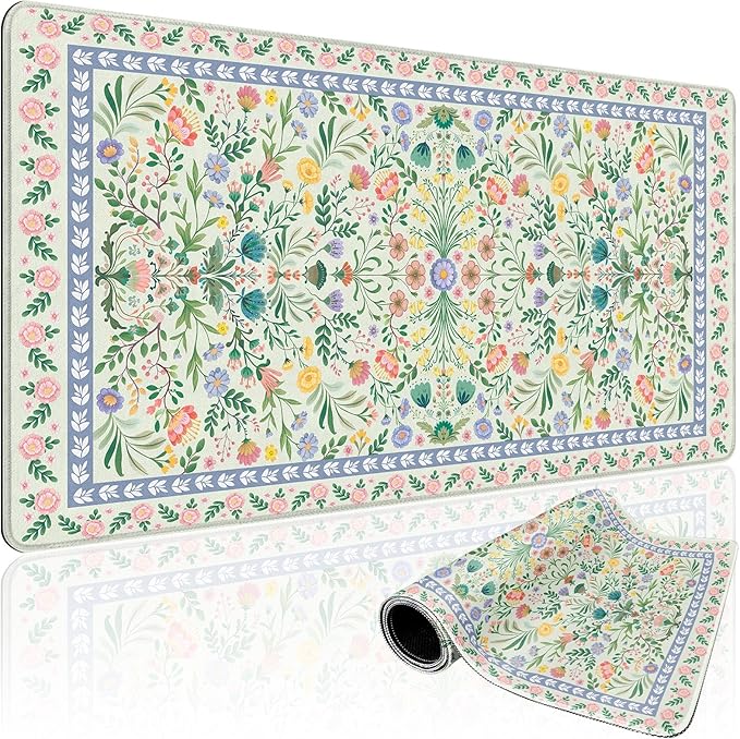 Green Floral Desk Mat, 31.5"x15.7" Large Mouse Pad, Anti-Slip Rubber Base by Mcapirivo