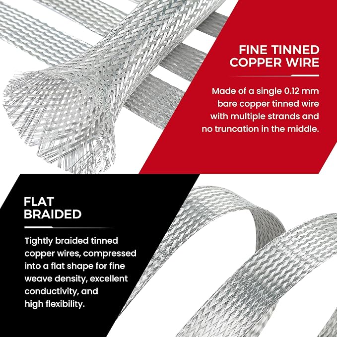 5/16" Wide Tinned Copper Braided Metal Wire Shielding Sleeve Ground Strap - Image 3
